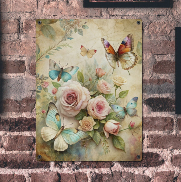 Shabby Chic French Country Roses Butterfly Wall Decor Metal Sign 8×12 Colorful