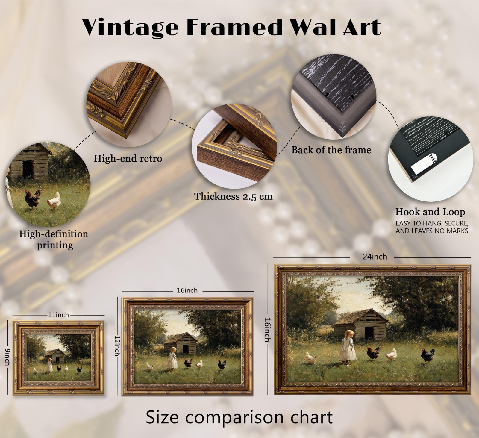 Vintage Gold Framed Farmhouse Chicken Wall Art Retro Country Farm Girl and Ch…