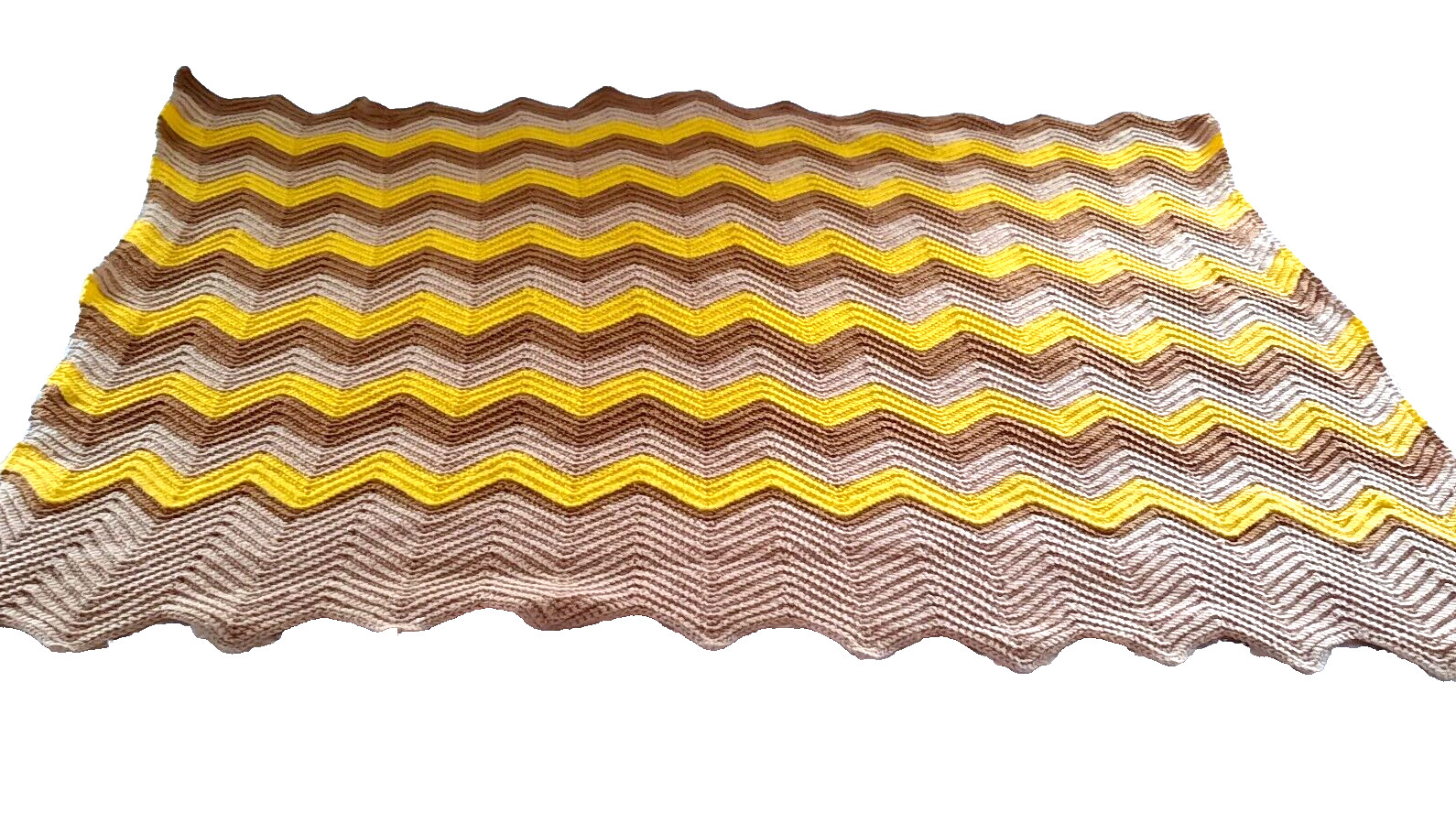 Hand Crochet Afghan Lap Throw Chevron Zigzag Granny Core Yellow Tan 54″x45″