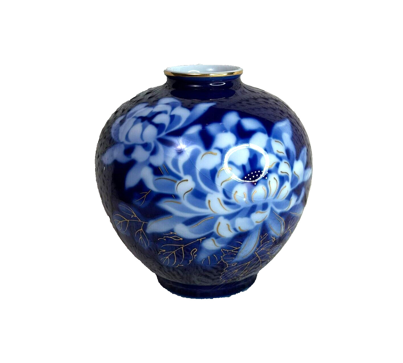 Japanese Arita Ware Fukagawa Seiji Blue White Porcelain Vase w/ Gold Trim Marked