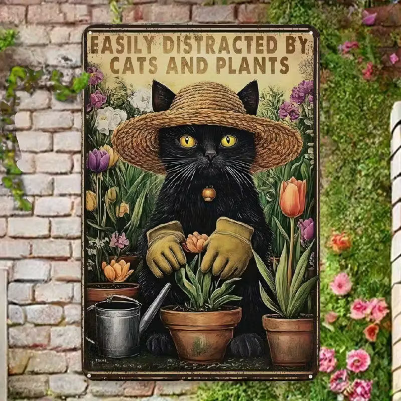 NEW 2D 8″x12″ Funny Garden CAT Metal Vintage Sign. “Easily Distracted By Plants”