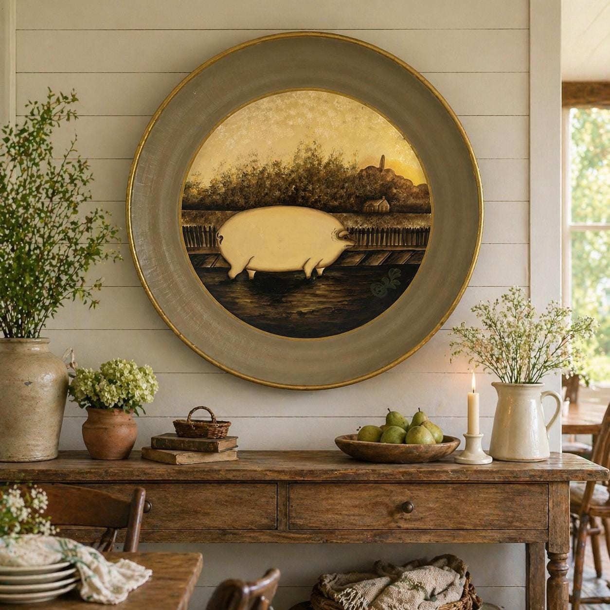 Vintage Pig Wall Plate Large 20 Inch Hand Painted Farmhouse Decor