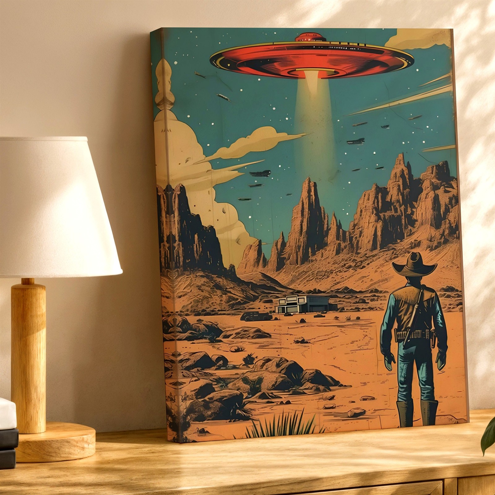 Wall Art Retro Sci Fi Desert Cowboy UFO Spaceship Poster Western Landscape Print