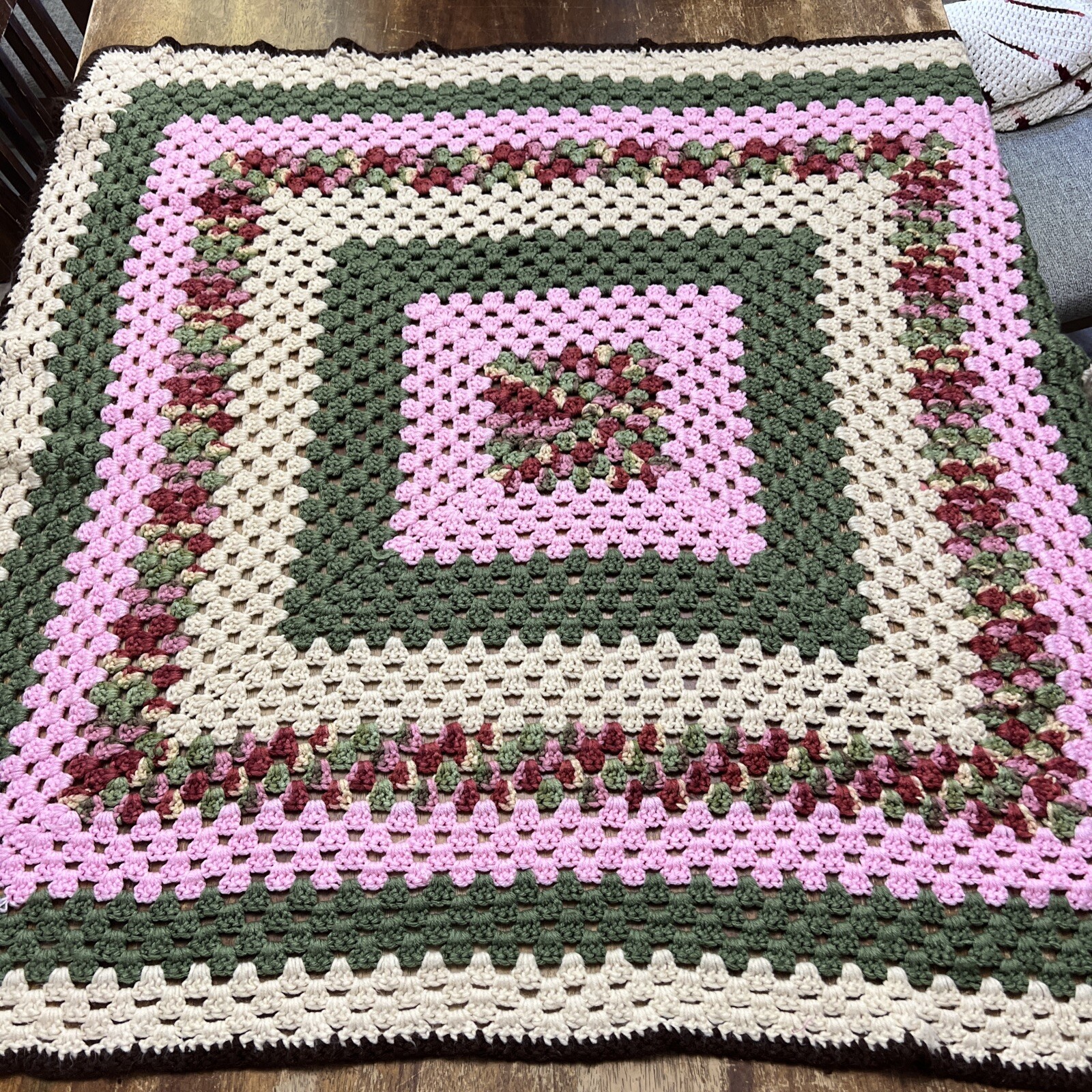 Vintage Handmade Afghan Blanket Throw Square Green Pink Strawberry Approx 38”