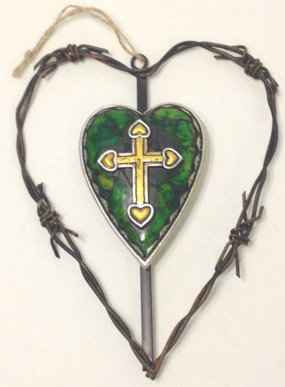 Heart Cross Metal Decor Green & Yellow Wall Hanging 6 1/2×8 1/2 Inches New