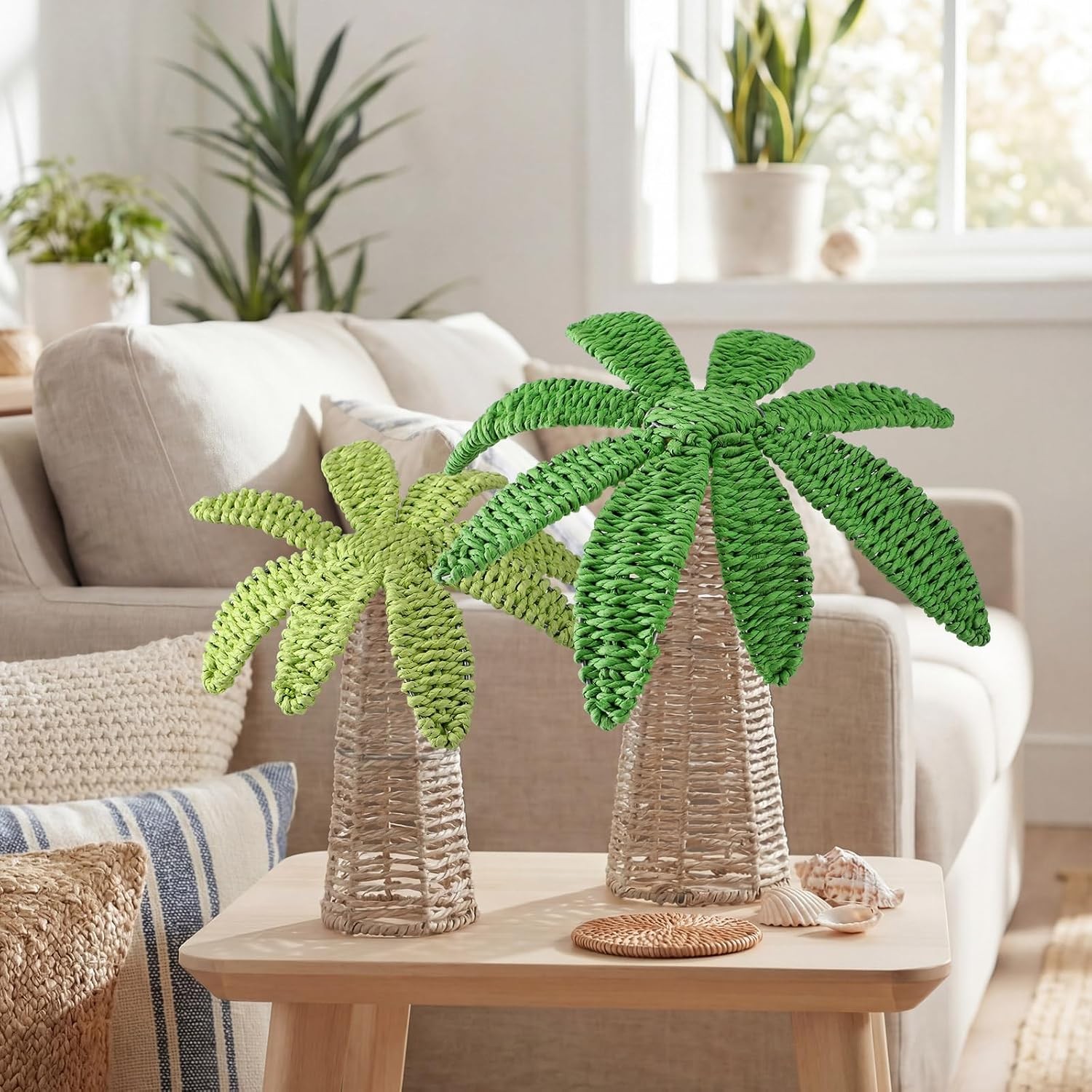 2 Pcs Weave Palm Tree Tabletop Decor, 9.8″ & 7″ Woven Rattan Palm Trees Tropical