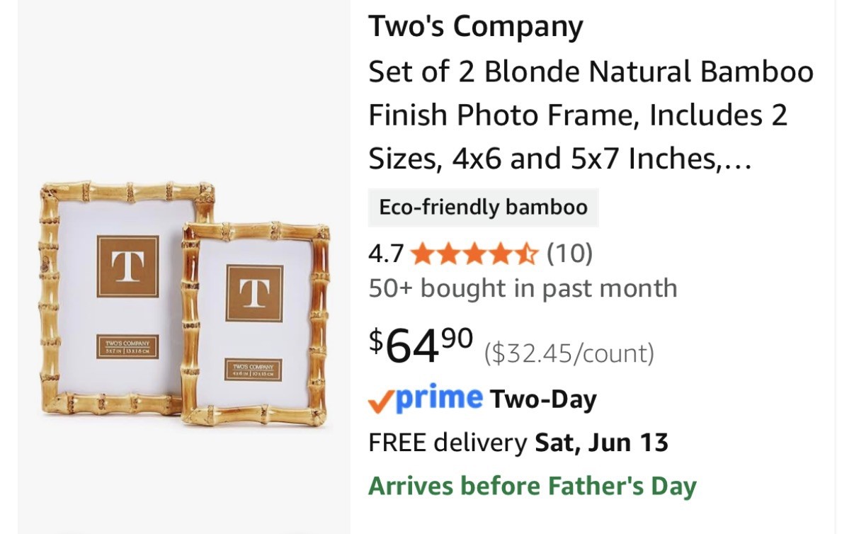 Two’s Company Set of 2 Real Bamboo Photo Frames 4×6 and 5×7 Inches New