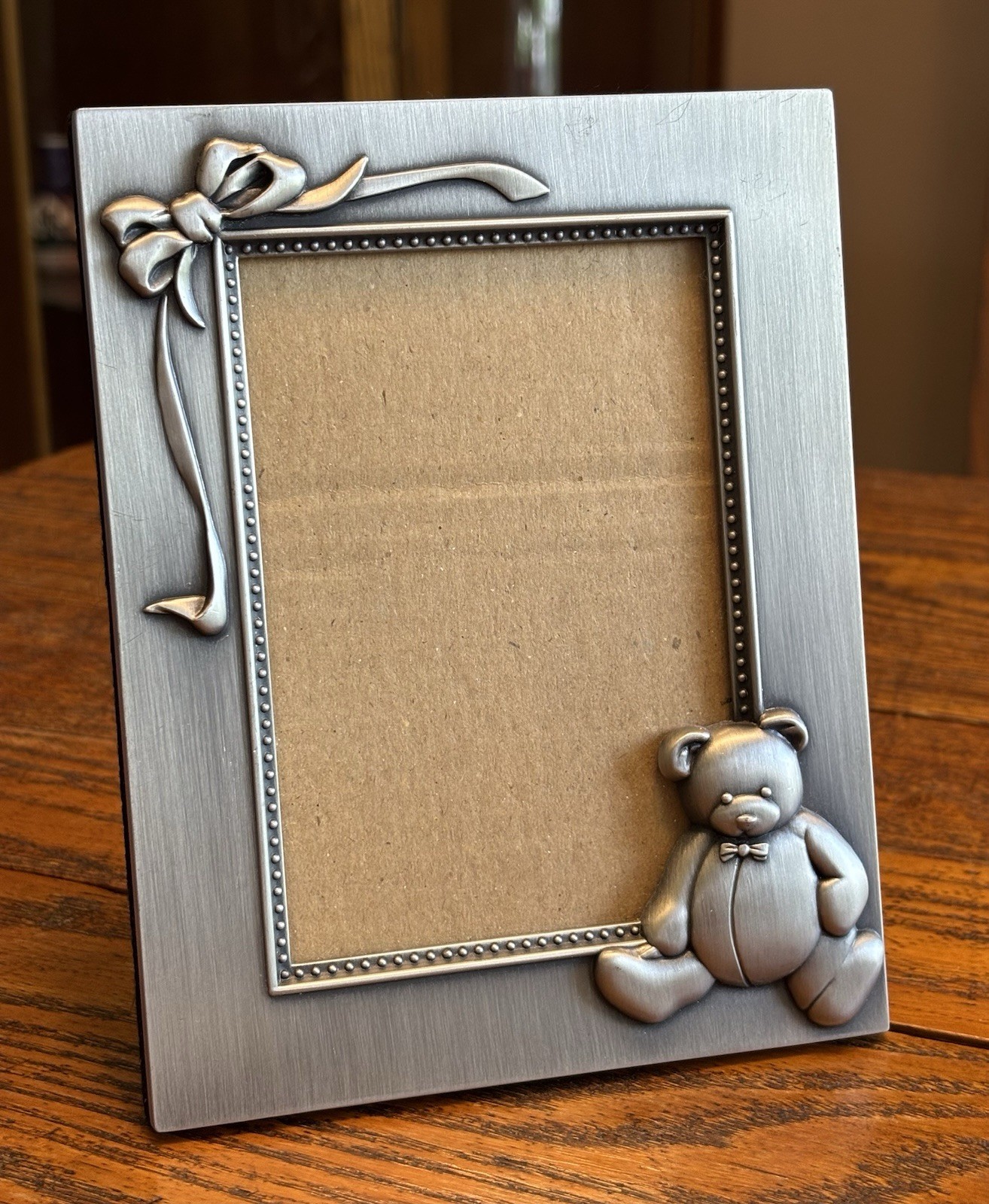 Burnes Of Boston Brushed Pewter Picture Frame Teddy Bear & Bow Size 3.5″ X 5″