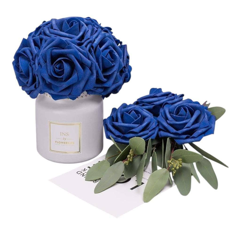 Artificial Flowers 3 In. Royal Blue Foam Roses with Stems for DIY Wedding Bouque