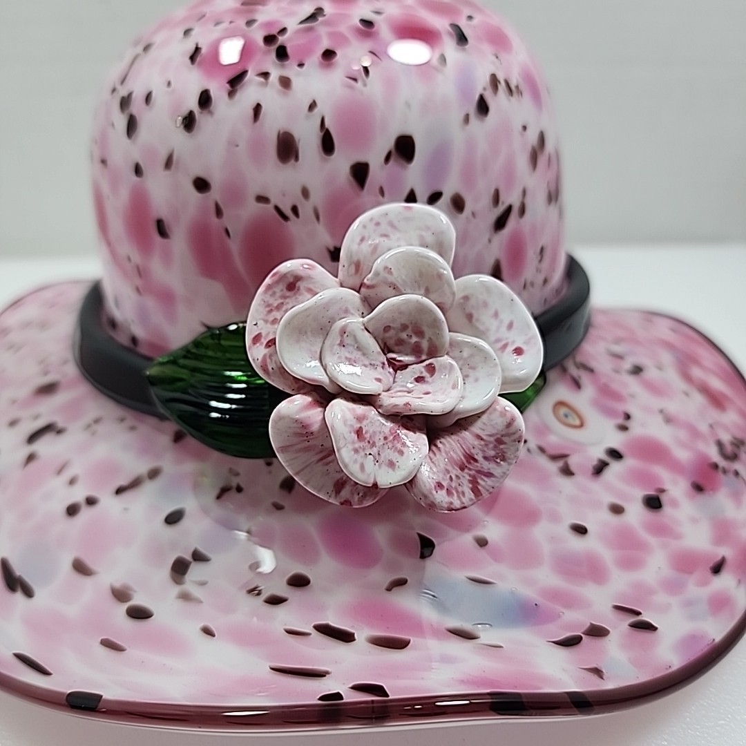 Glass Pink Hat Flower Murano Hand Blown Bowl 11.5” Decor Floral Flower