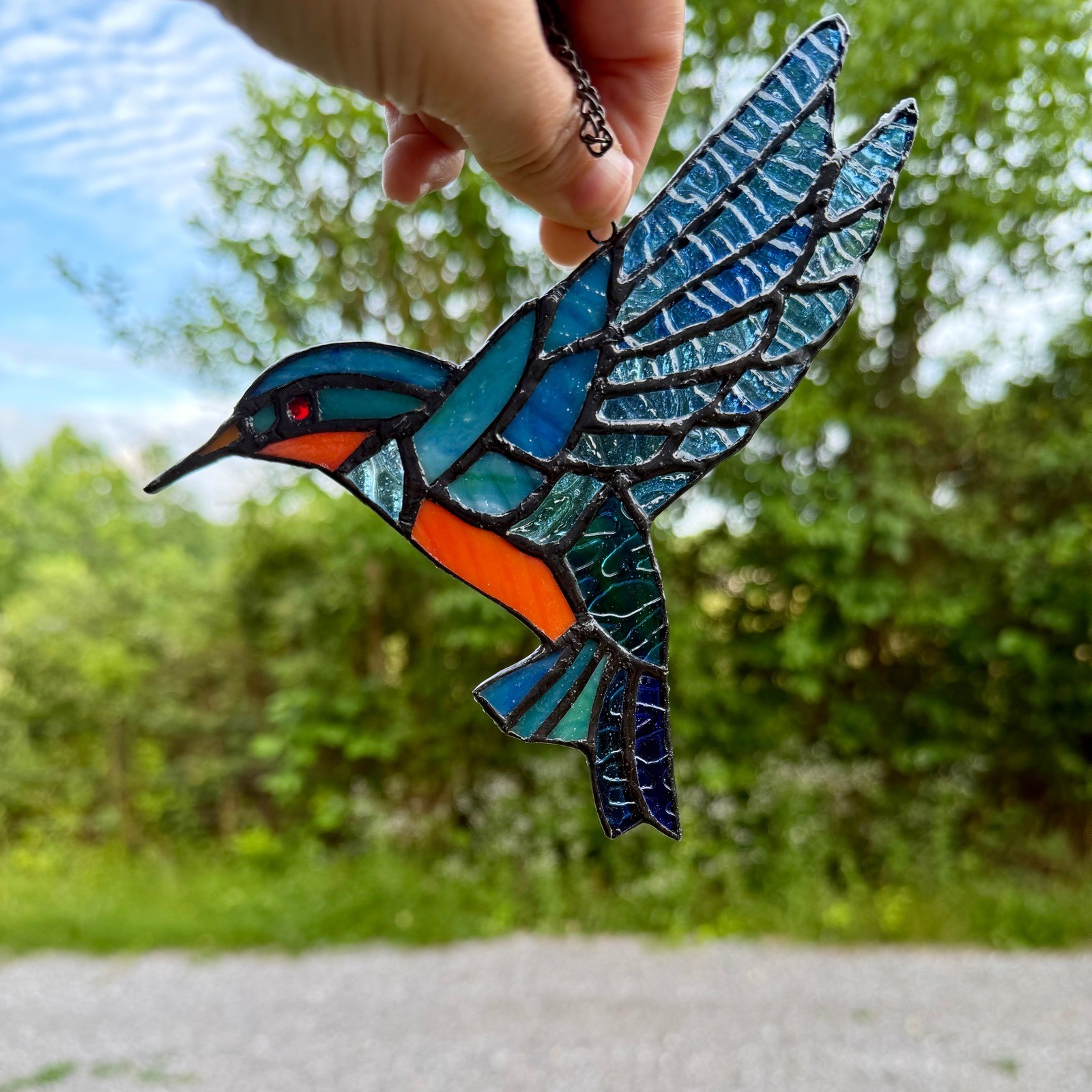 Blue Kingfisher Stained Glass Suncatcher Bird Window Hanging Decor 7.5 Inch