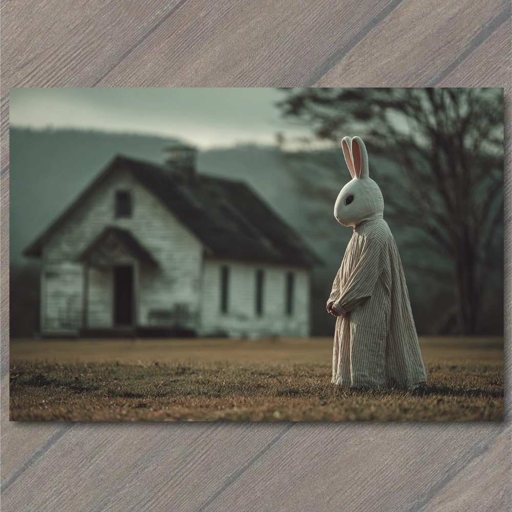 Art Print Lone Rabbit Nightgown Foggy Field Abandoned Church Rural Dusk