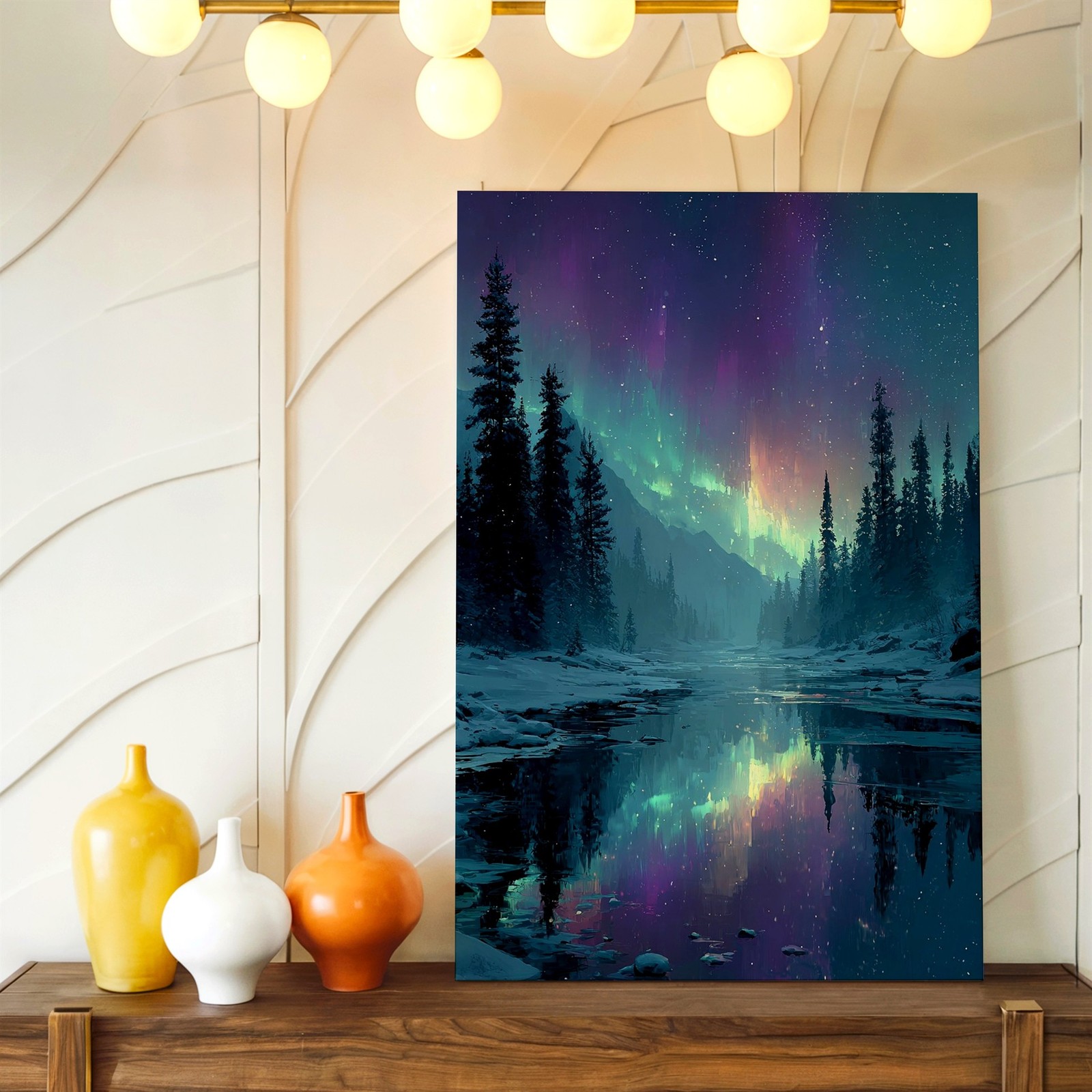 Wall Art Aurora Borealis Winter Forest River Reflection Northern Lights Print