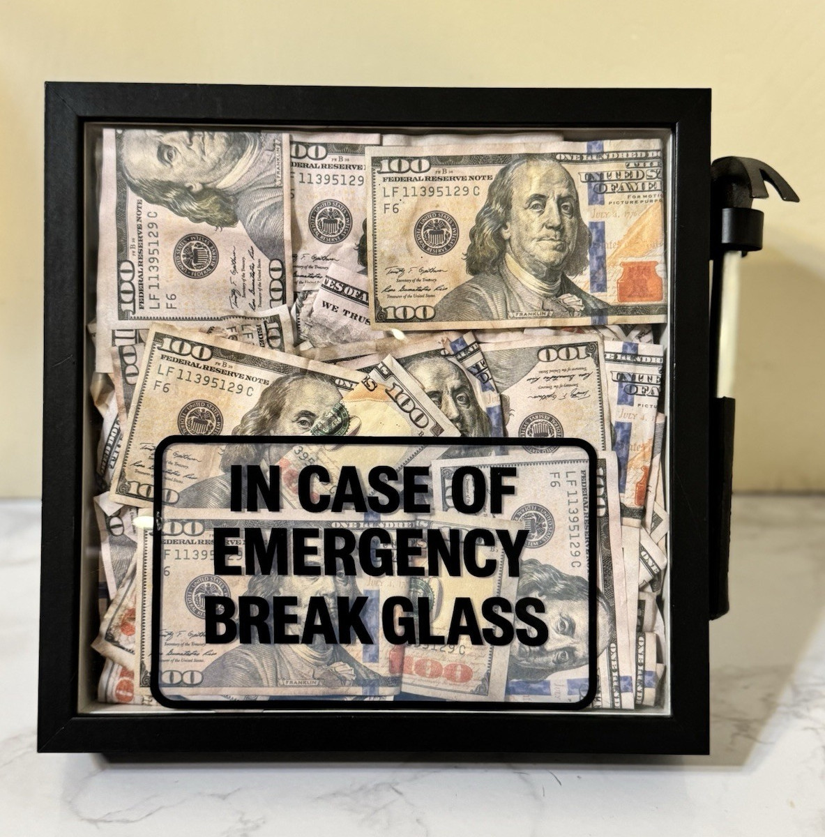 In Case of Emergency Break Glass Money Wall Art | 9×9 Framed w/Stand & Mounts