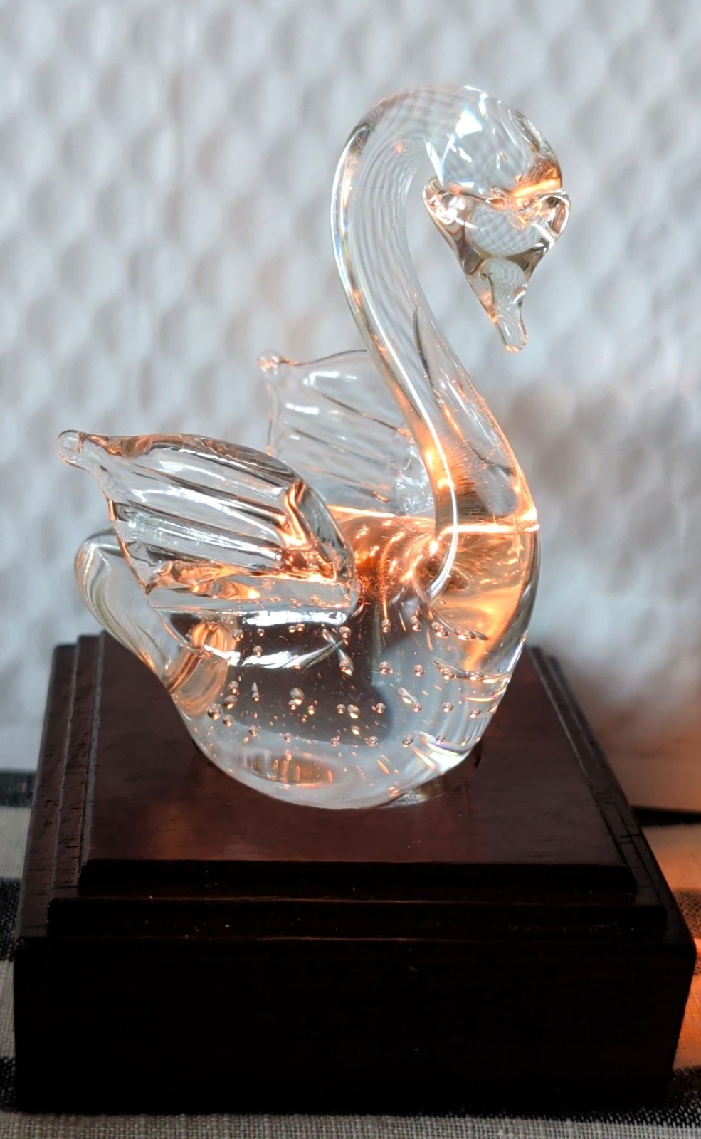 Vintage Glass Swan Light Up Hand Blown Bubble Design Wood Stand Night Light