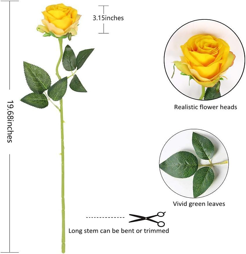 Yellow Fake Roses Artificial Flowers – 10 Pcs Fake Artificial Roses Silk Flowers