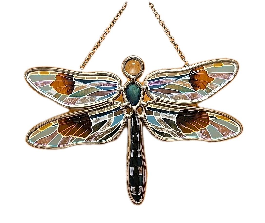 Vintage Amia Teal Brown Blue Purple Dragonfly Suncatcher Window Glass Porch 8.5″