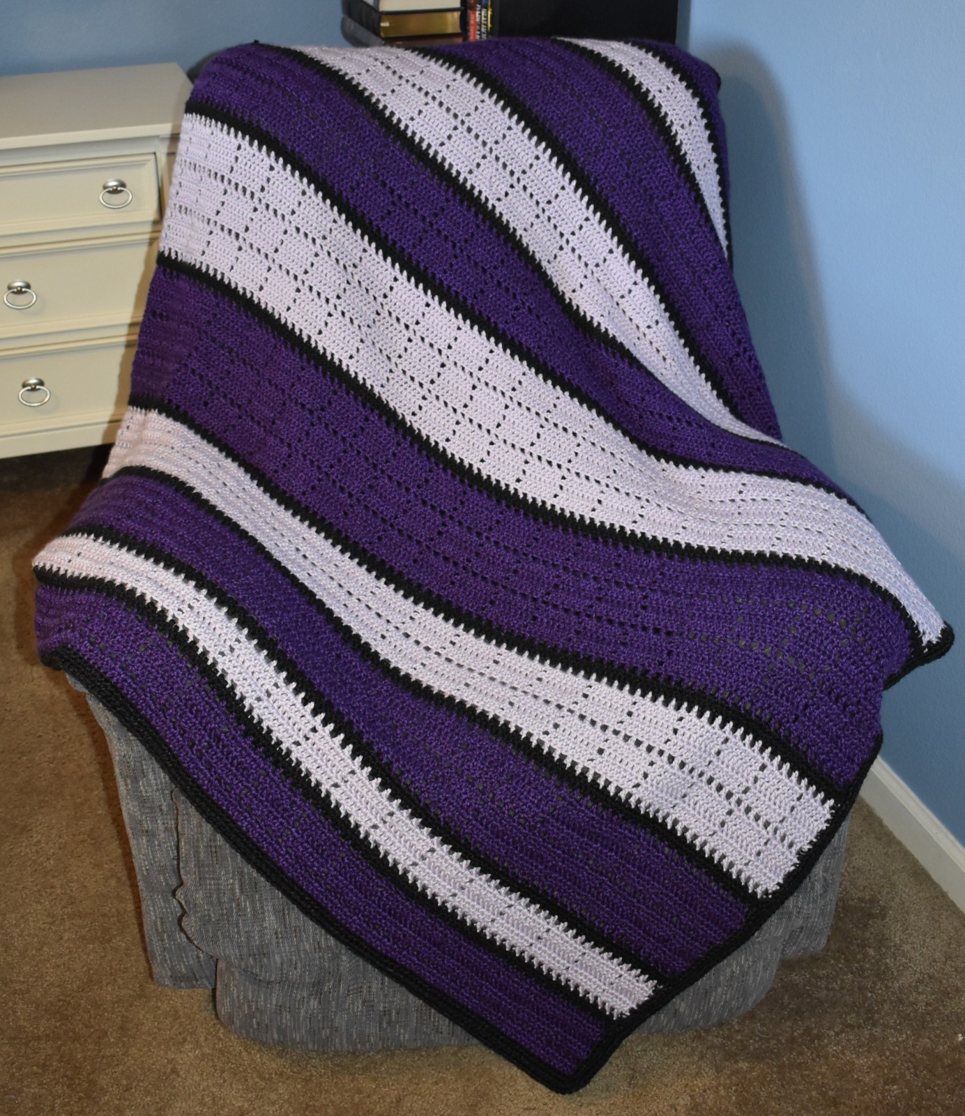 PURPLE Striped Crocheted Afghan – 52″ x 57″