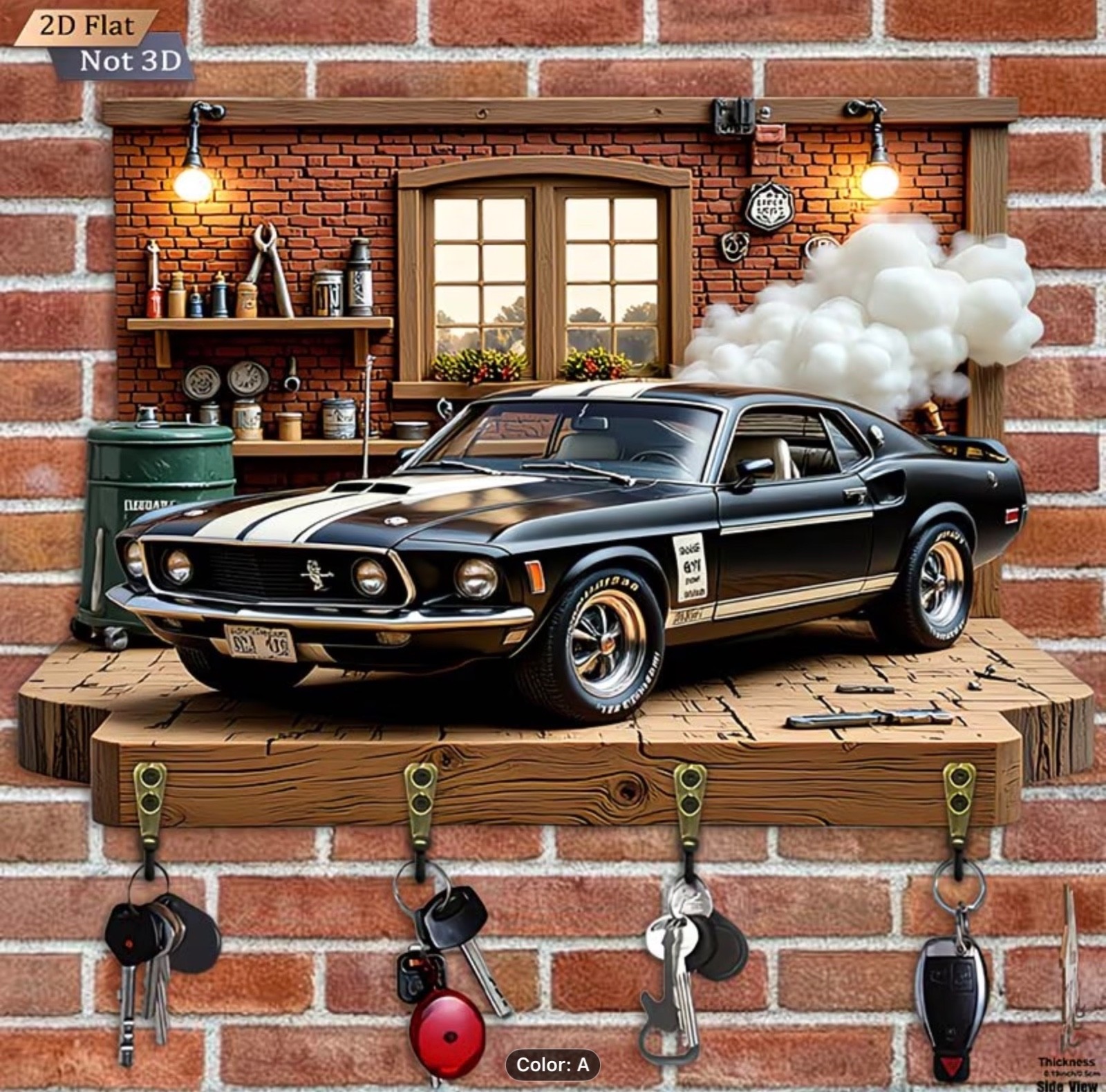 Classic Hotrod Car Key Holder- wooden, 3d effect with Four Metal Hooks