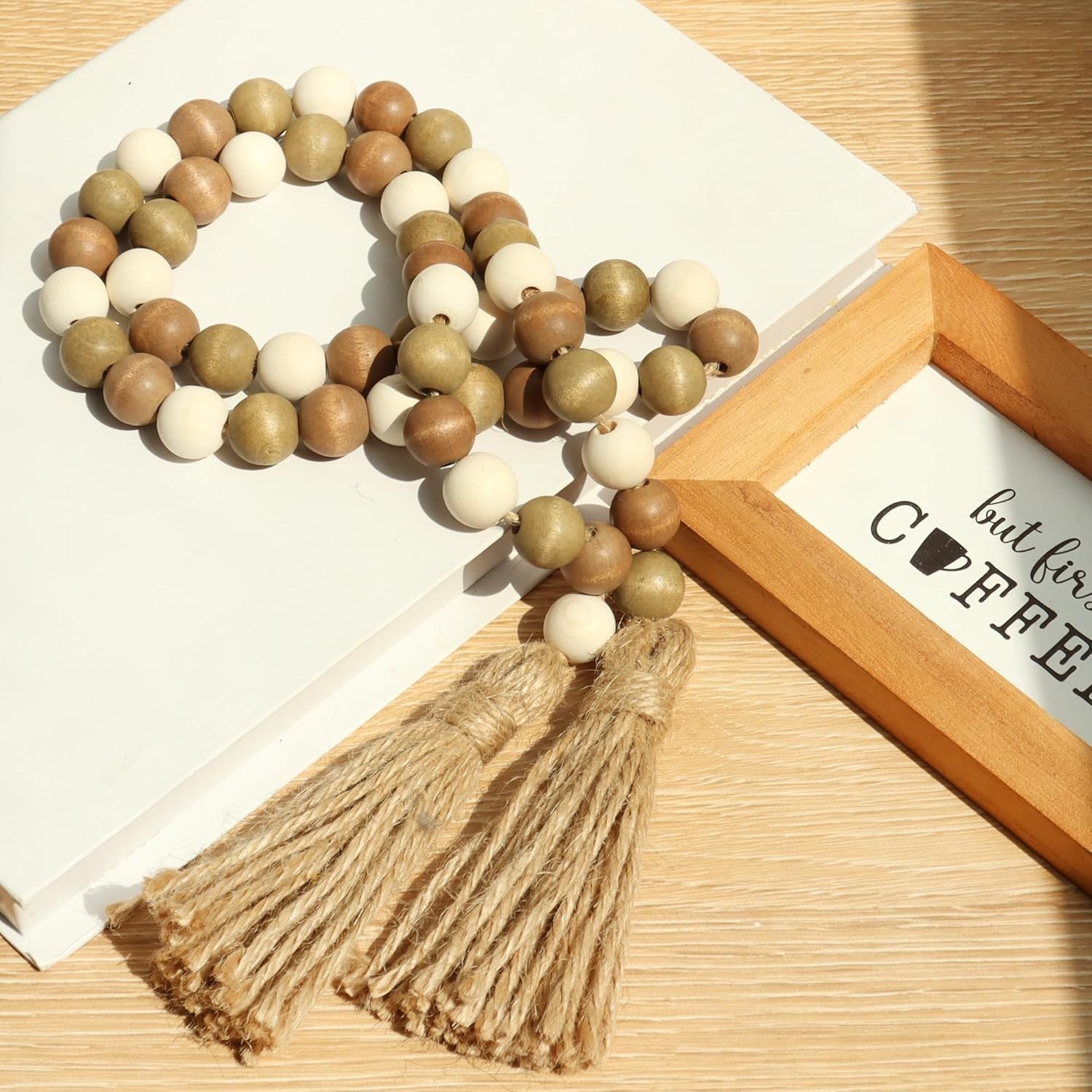 Wood Bead Garland, 39in Farmhouse Beads with Tassels for Tiered Tray Decor