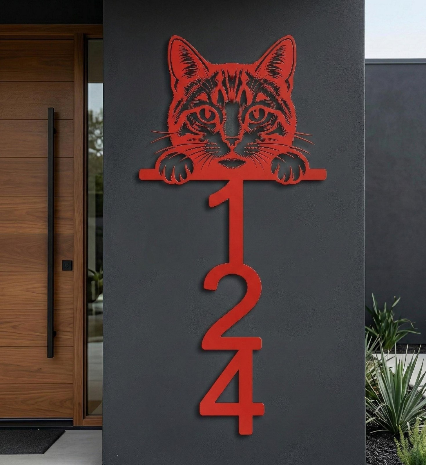 Custom Cat House Numbers Vertical Metal Address Sign Outdoor Home Decor