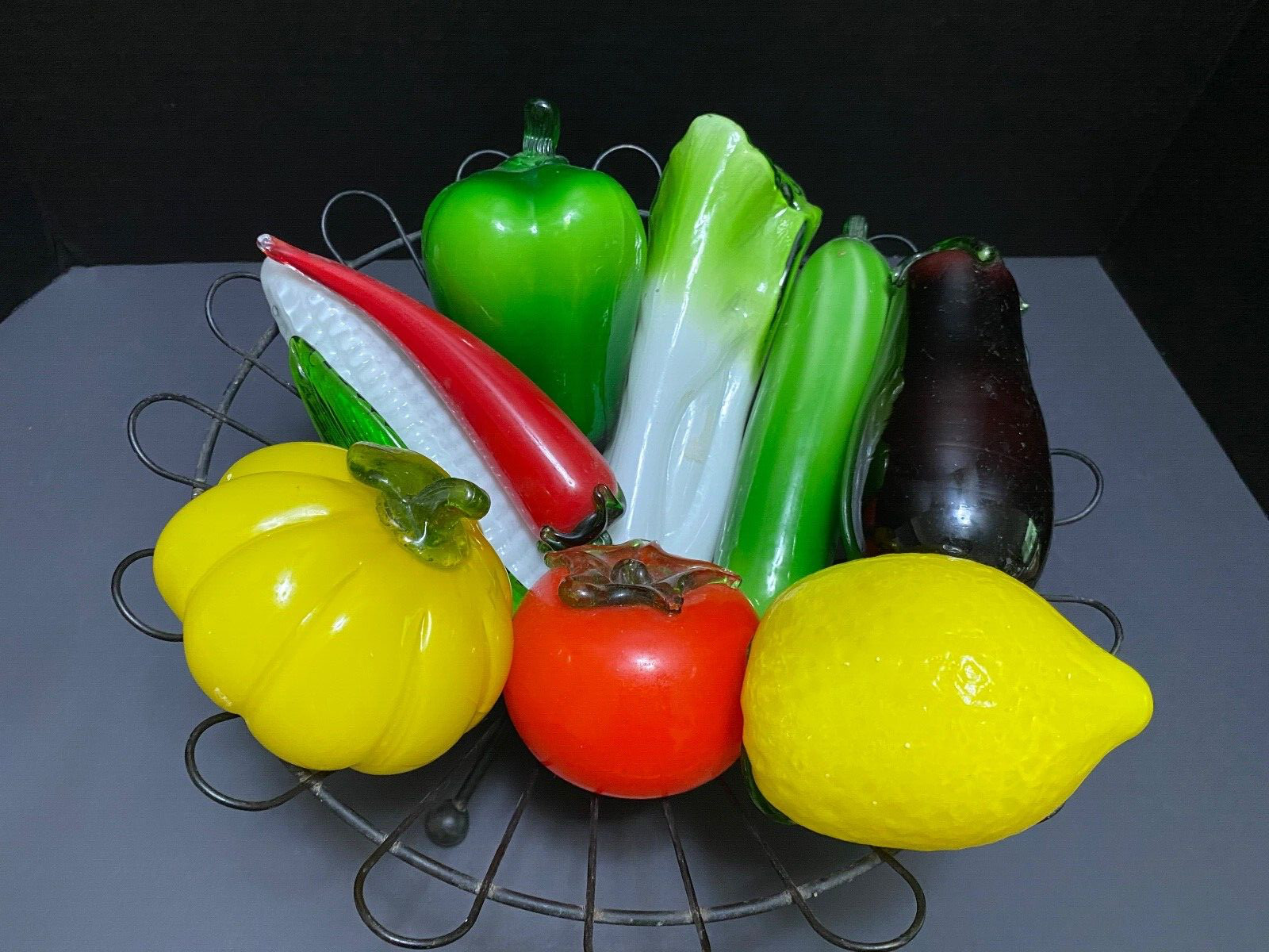 9 Piece Vintage Murano Style Hand Blown Glass Fruits & Vegetables Lot Life Size