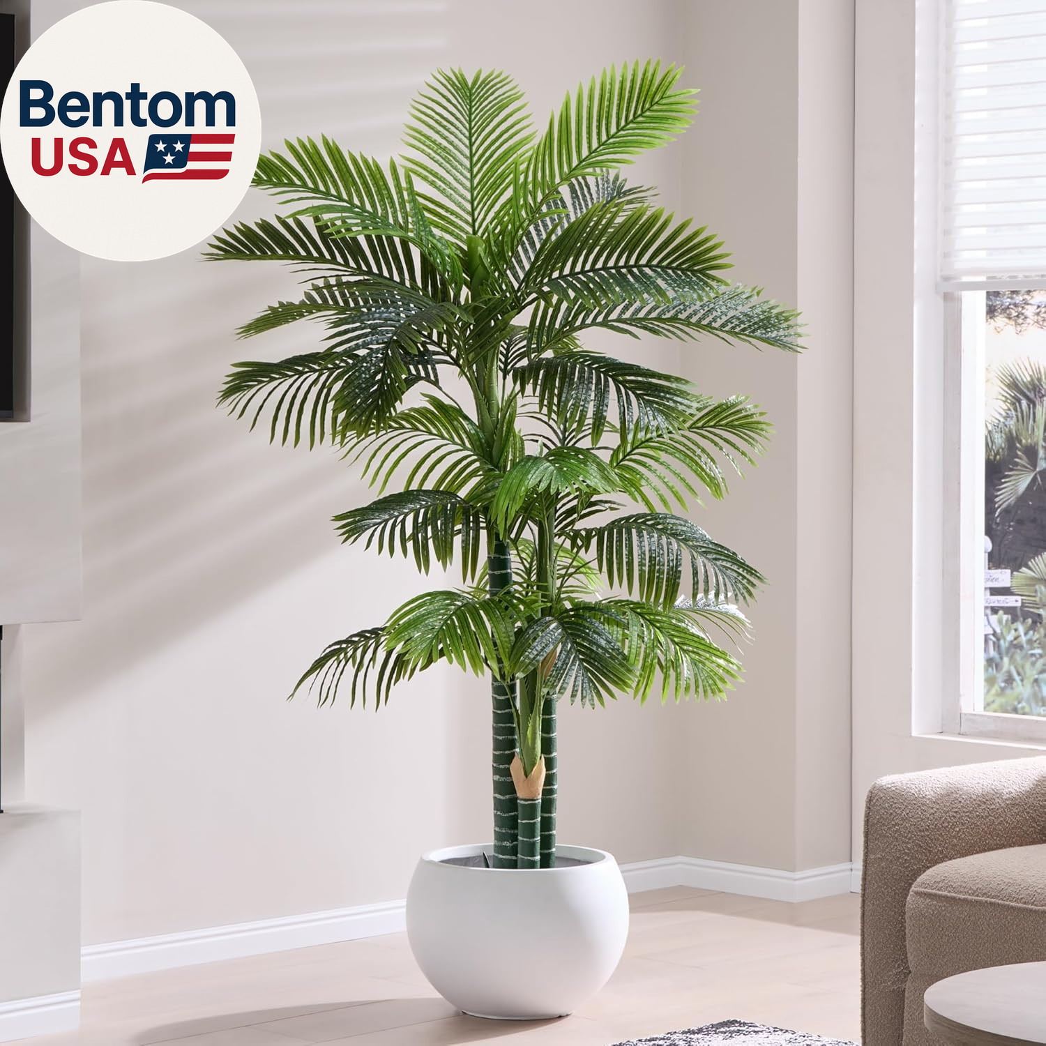 6FT Tall Triple Golden Cane Palm Tree (1 Pack), Large Faux Plants, UV Resistant
