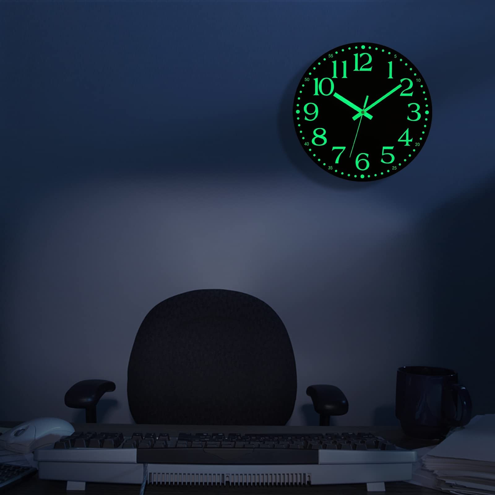 12” Wall Clock Large Luminous Quartz Night Light Glow In The Dark Silent Home