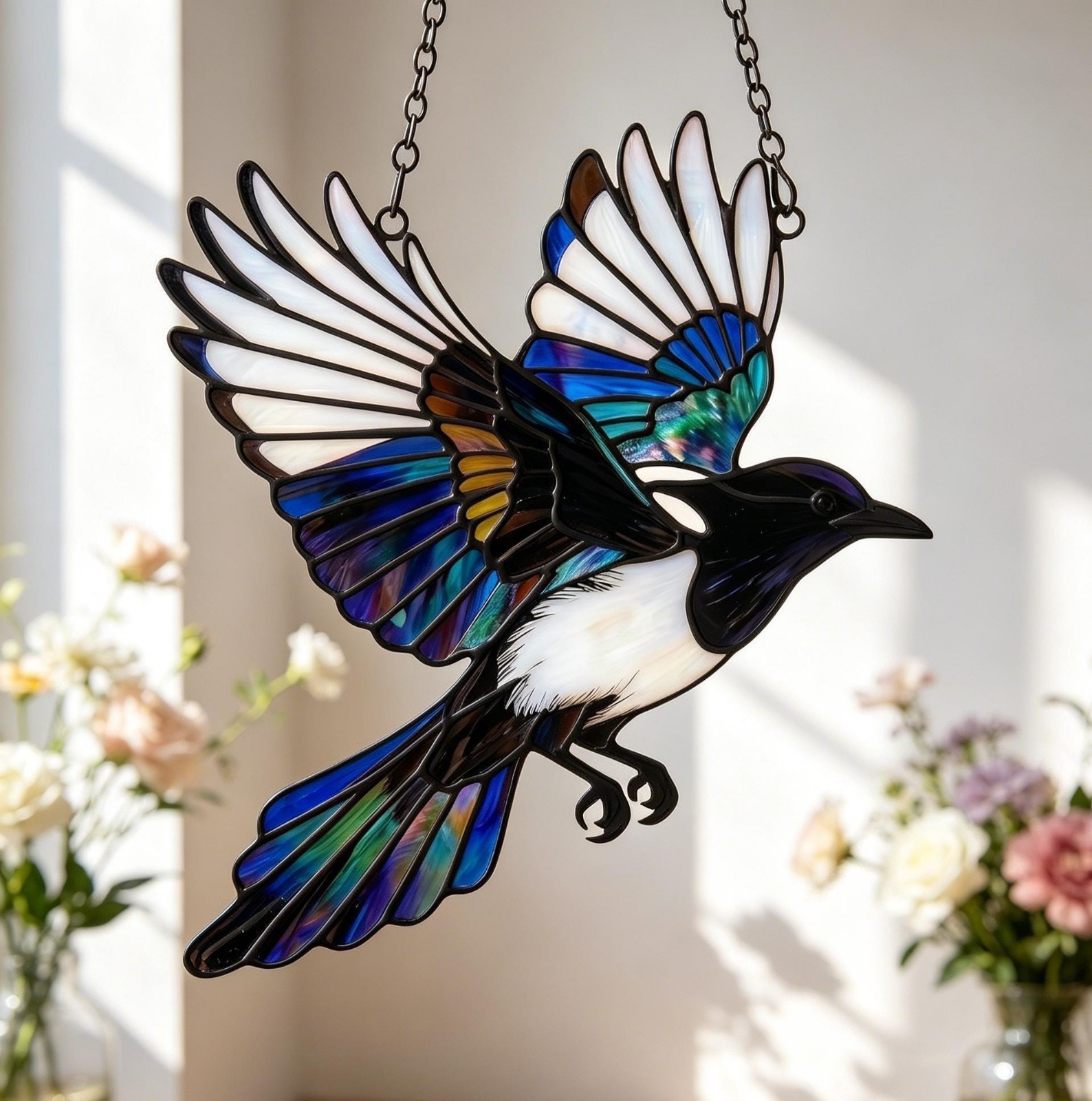 Hand-Painted Magpie Suncatcher Flying Bird Window Hanging Garden Ornament Gift