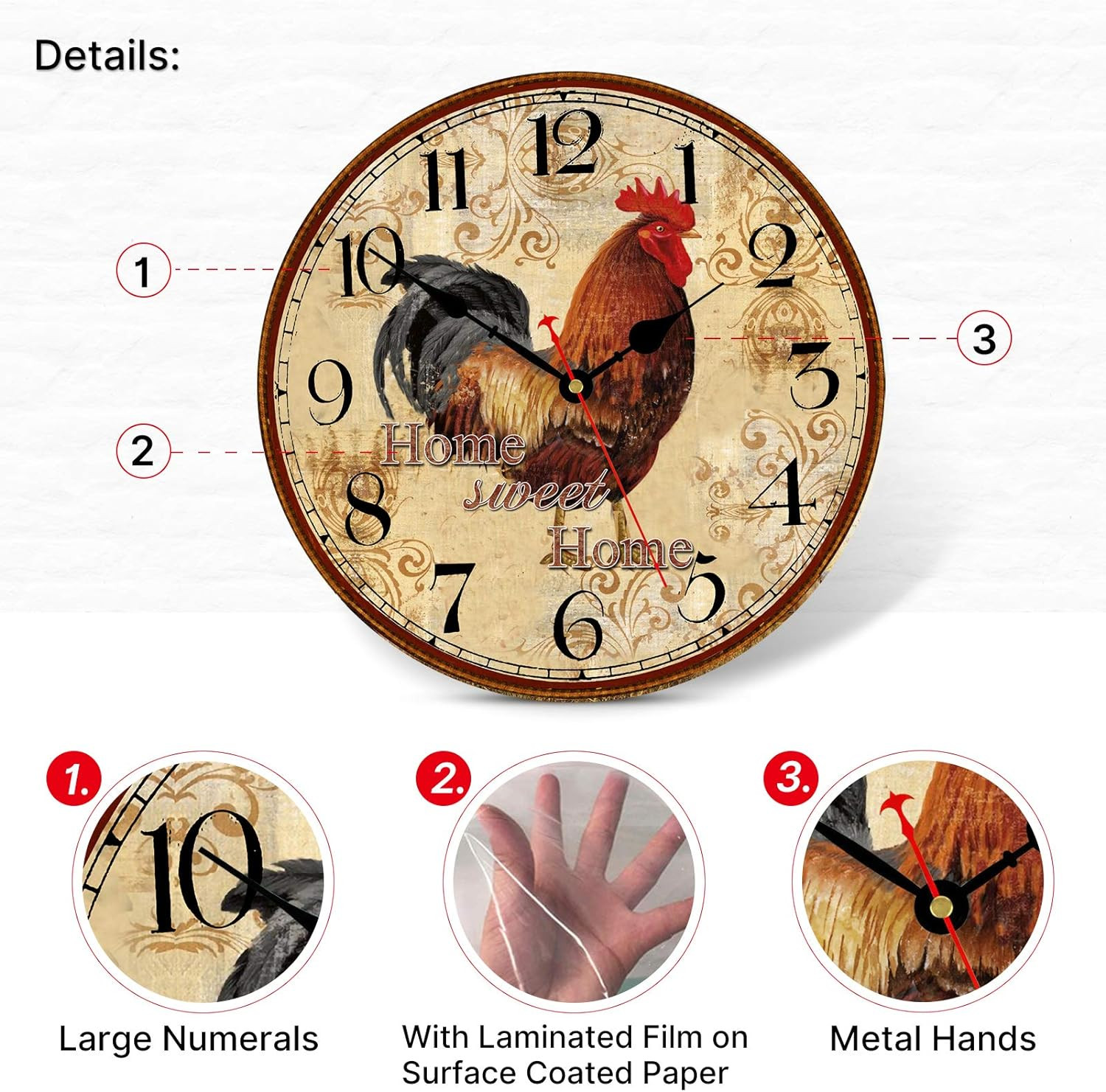 Farmhouse Rooster Wall Clock Battery Operated Silent Arabic Numerals Clock, Coun