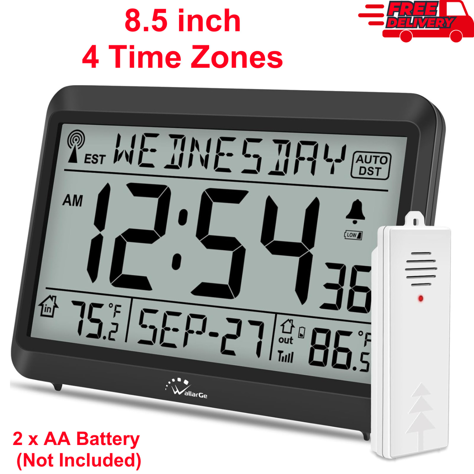 WallarGe Atomic Clock with Indoor Outdoor Temperature, Self-Setting Wall Clock