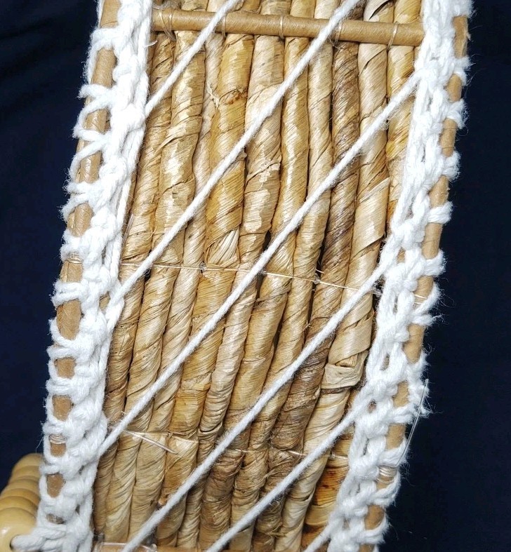 🧺Round Basket 16” X 4” BOHO Woven Tray Wooden 18mm Ball Handles Cotton Details