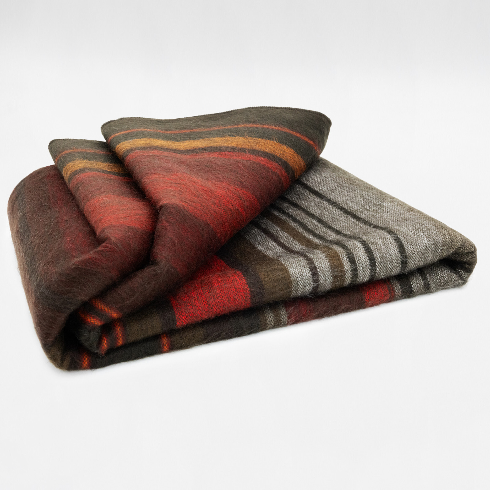 HIGHLAND STRIPED ALPACA WOOL BLANKET – 95×69 in | RED BROWN ORANGE GREY | QUEEN