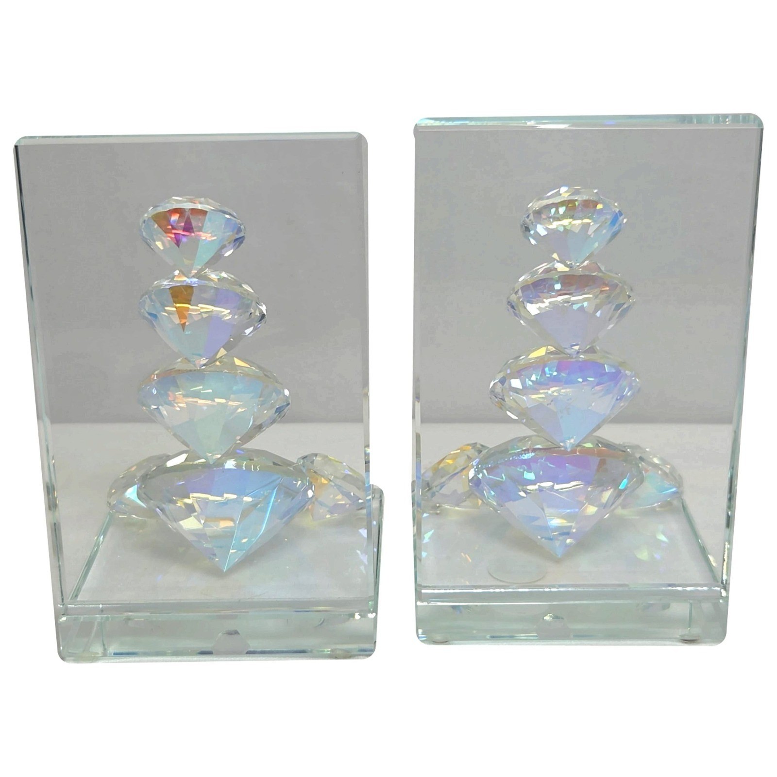 Iridescent Crystal Glass Bookends Stacked Diamond Aurora Borealis Set of 2 NEW