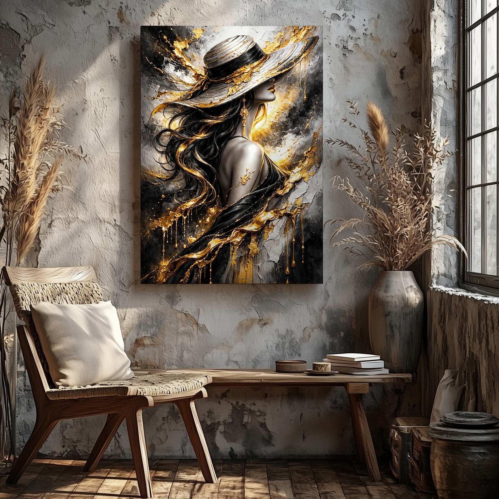 Elegant Woman With Hat Abstract Gold Black Gray Canvas Wall Art Modern Home
