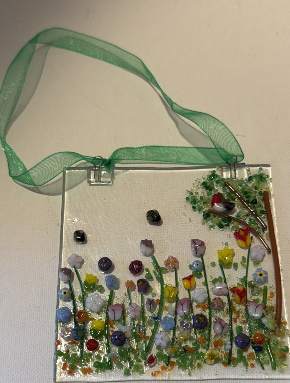 Fused Glass Handmade Square 4”x 4” Multicolor Sun Catcher Signed By Artist