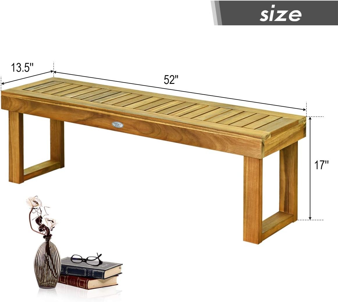 52″ Acacia Wood Outdoor Bench, Wood Patio Dining Bench with Slatted Seat, Wooden
