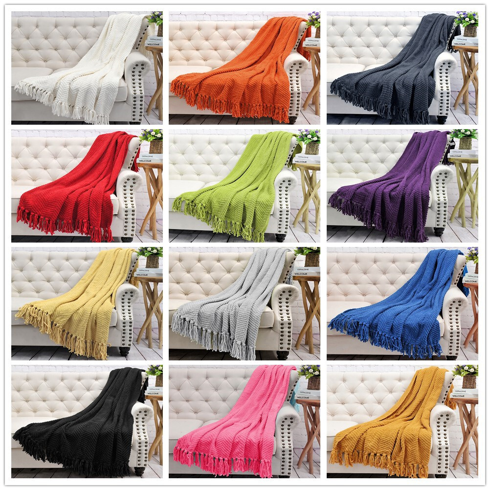 Knitted Throw Blanket with Tassels Tweed Textured Lightweight Throws for Couch