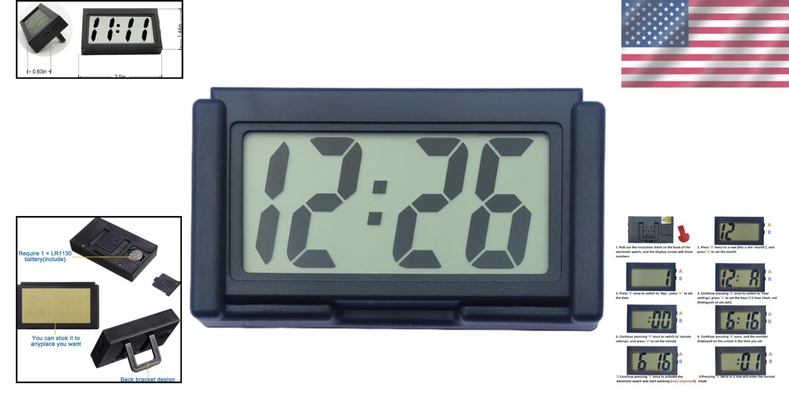 Miniature Black Digital Clock with Jumbo Screen for Nightstand & Automotive Use
