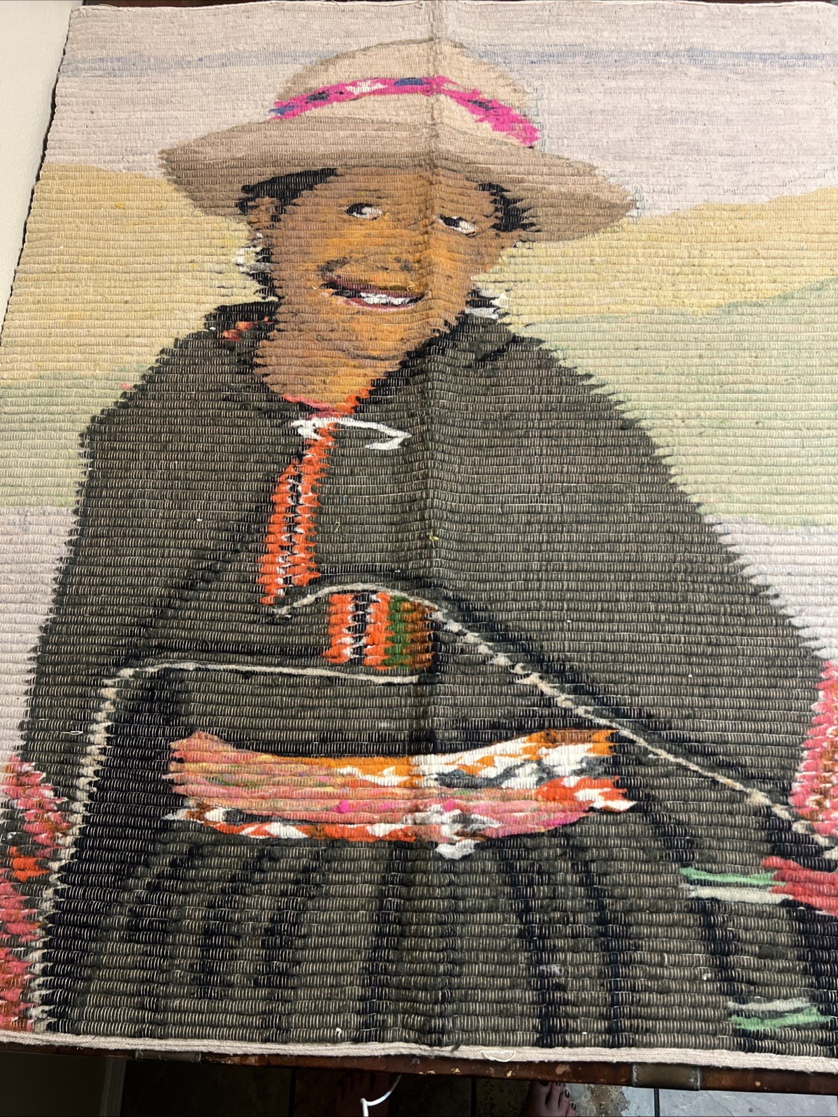 VTG Mid Century Peruvian Folk Woven Wall Tapestry Cultural Art Woman Peru, 49×40