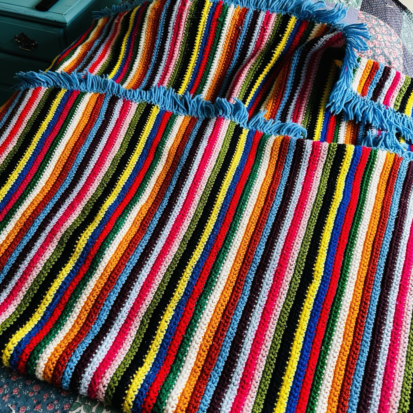 Handmade Crochet Afghan Throw Blanket Multicolor Rainbow Striped Blue Fringe