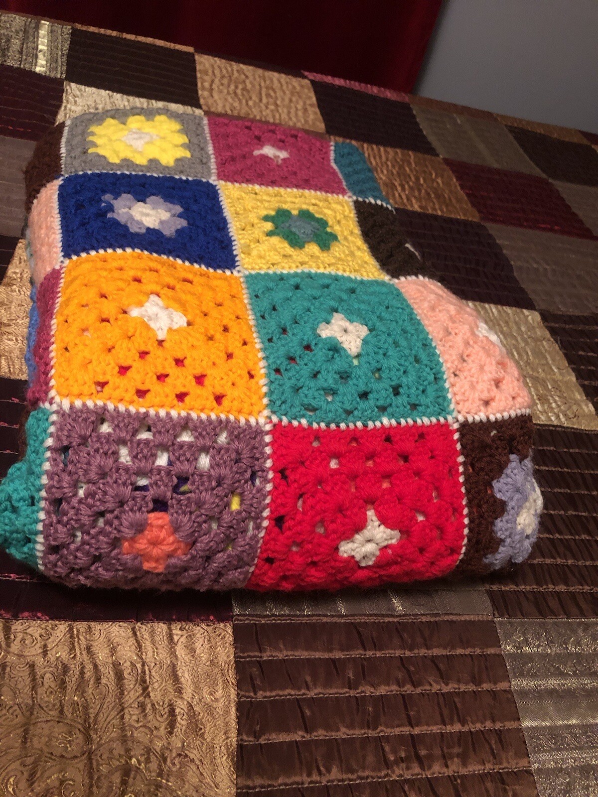 6780 ROSANNE Hand Crocheted Throw Spread Afghan Colorful Granny Square 58” X 76”