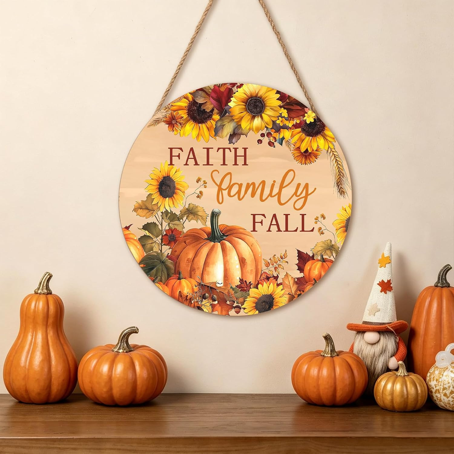 Faith Family Fall Front Door Sign Fall Sunflower Pumpkin Door Decorations Wood S
