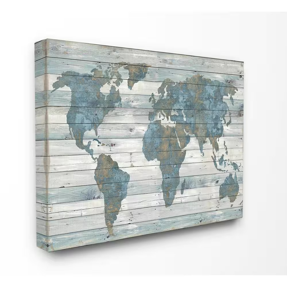 30 In. X 40 In. “Slate Blue and Tan Rustic Weathered World Map” by Artist Jamie
