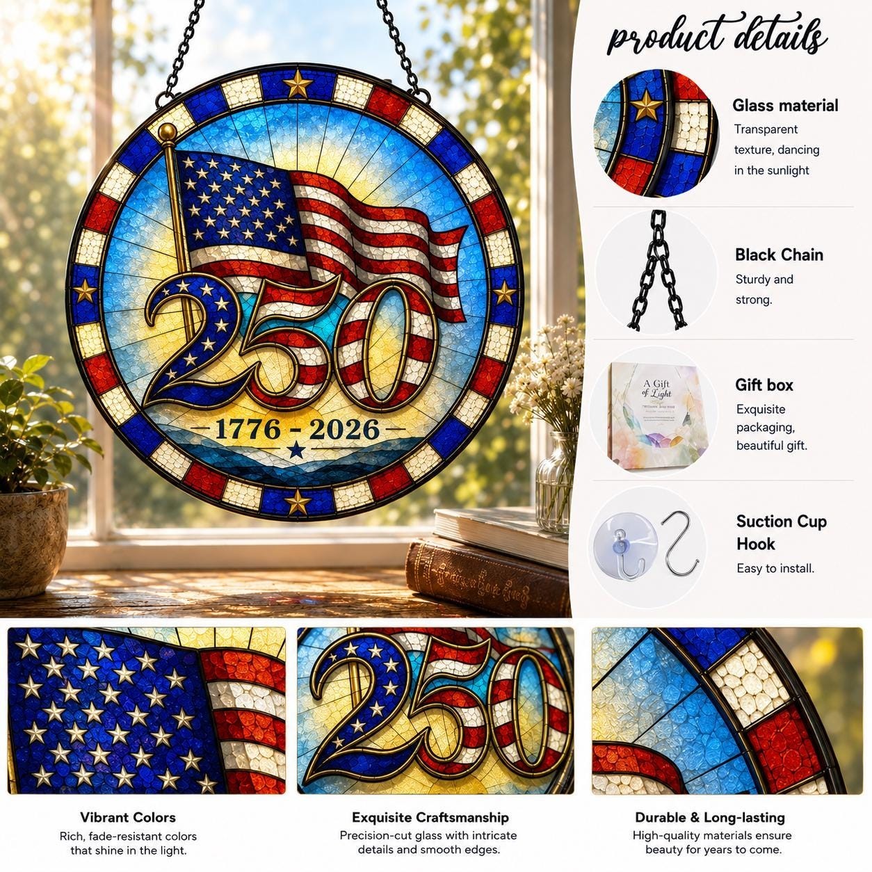 America 250th Anniversary Suncatcher – Stained Glass Style Eagle Window Hanging