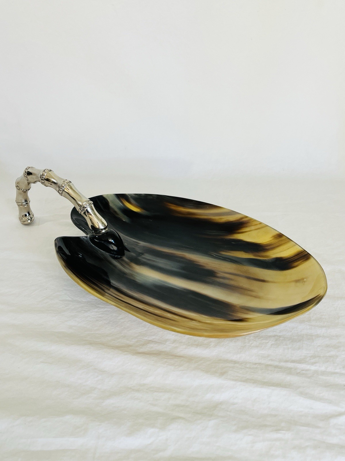Vintage Unique Faux Horn Bowl with Silver Bamboo Handle