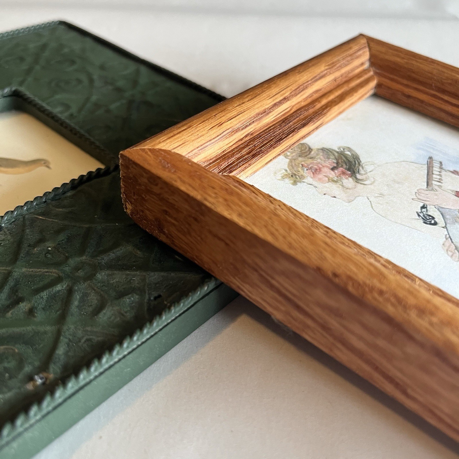 Vintage Wood Green Metal Picture Photo Frames w/ Fine Art Prints-Set of 2