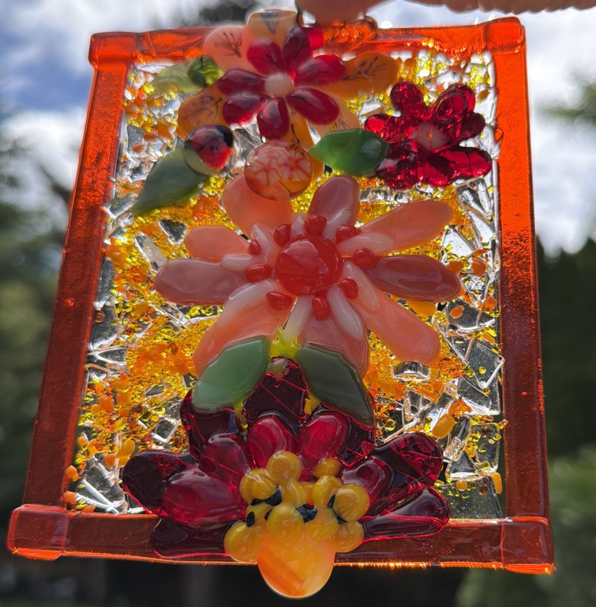 Fused Glass Handmade Flowered Rectangular Multicolor Sun Catcher Signed