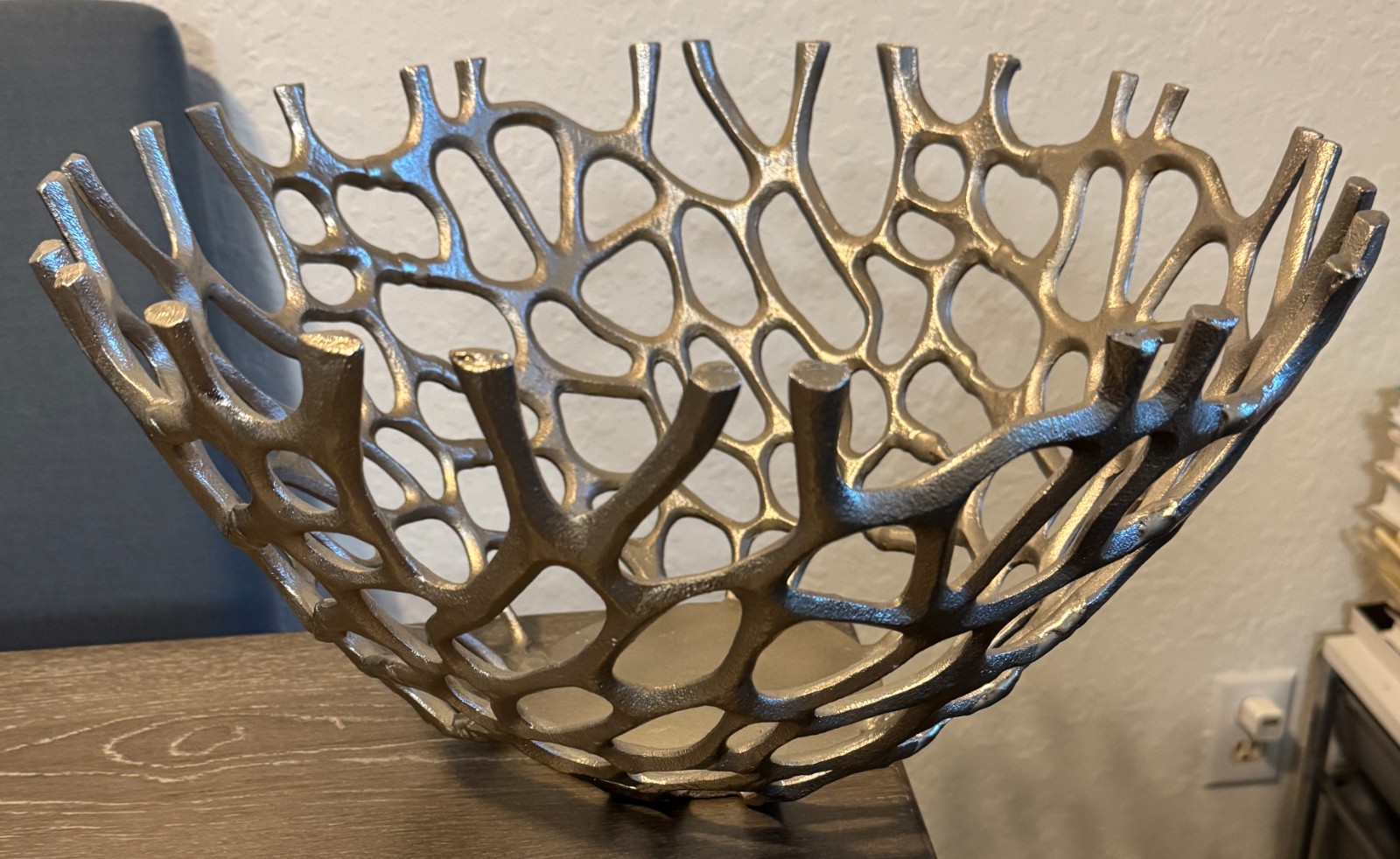 Silver Metal modern Coral Twigs silver sculpural fruit spheres Bowl 17.5″x 8.5″