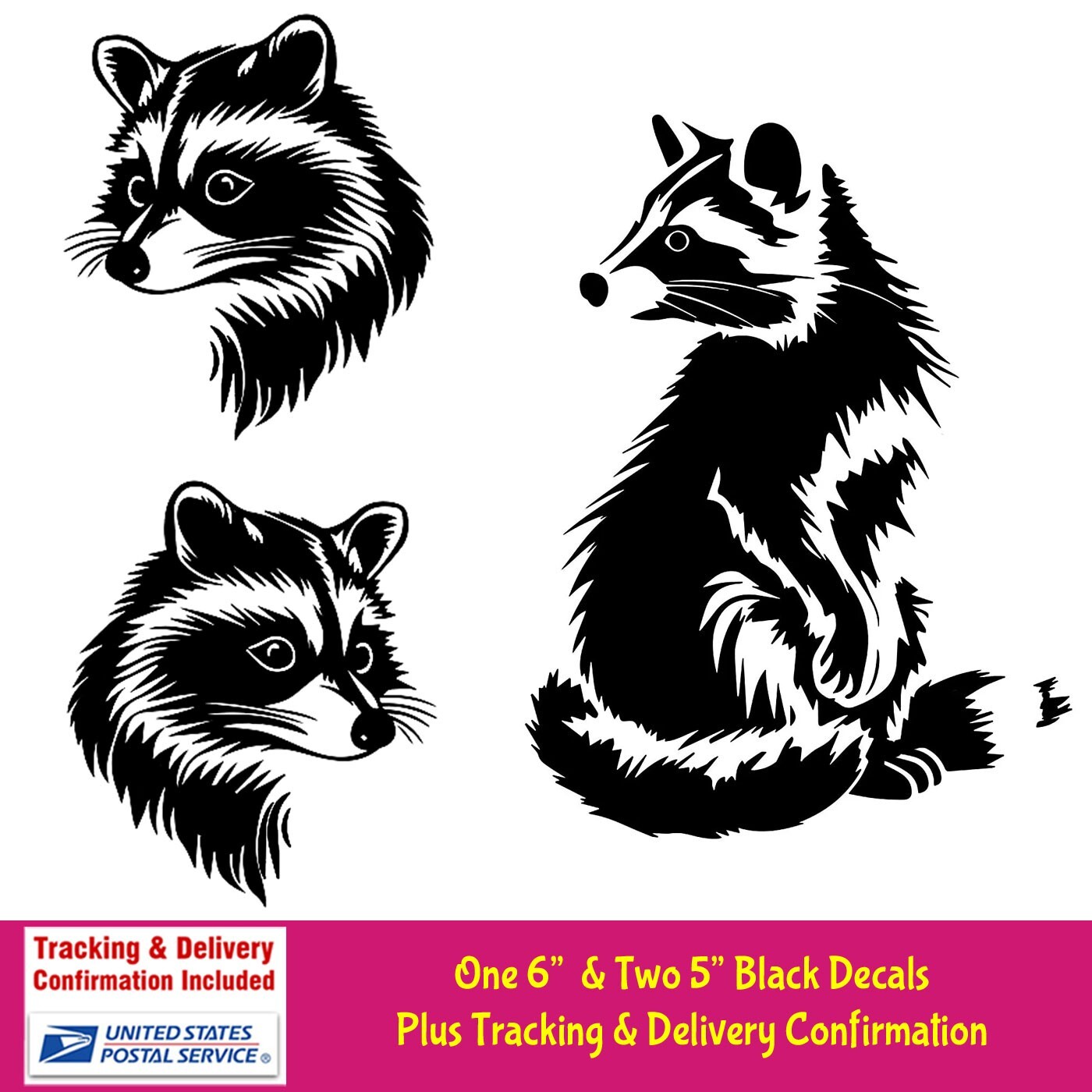 Raccoon Pack Black Vinyl Decals Car Windows Laptop Tablet Mailbox Bin Notebook